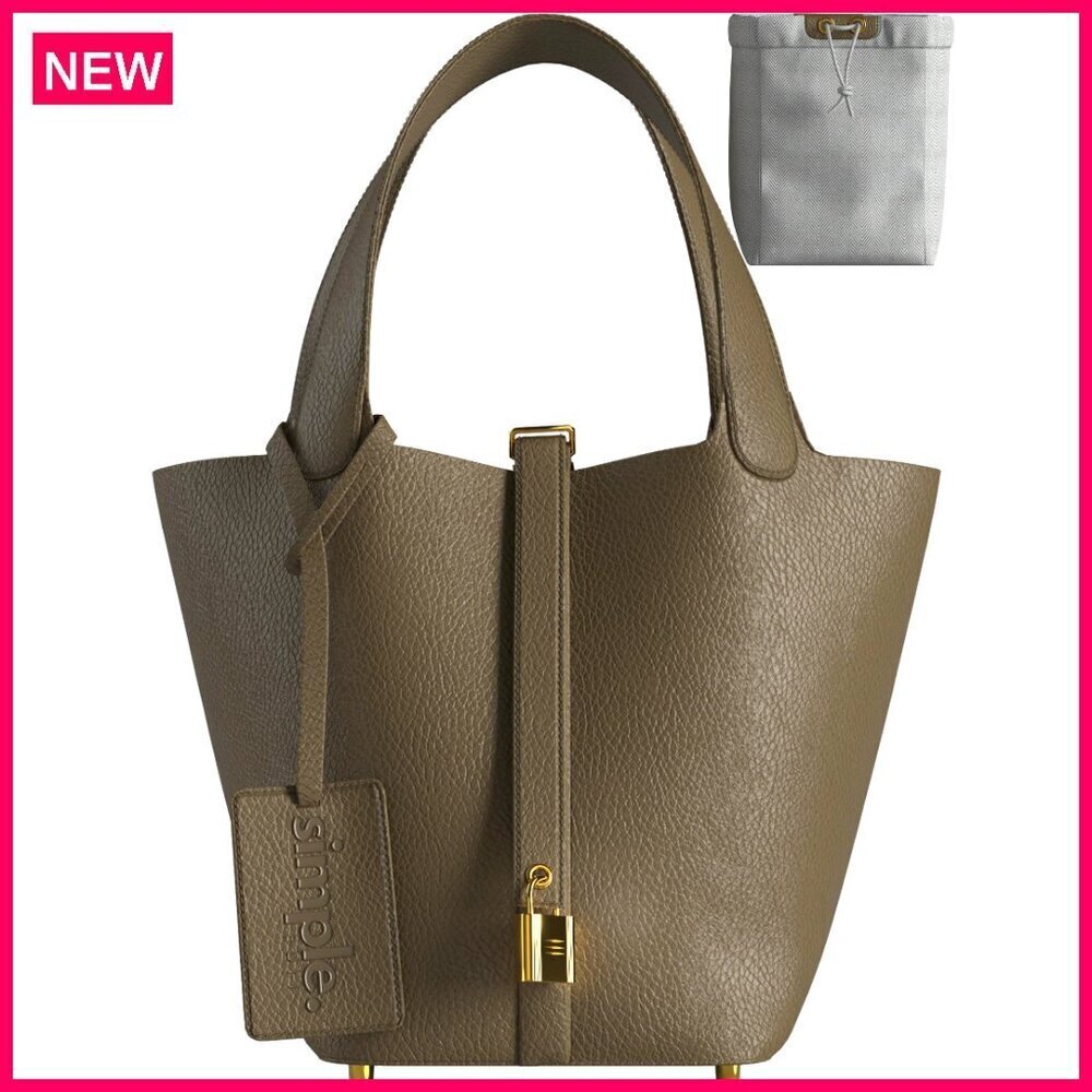 Vegan Leather Bucket Bag with Drawstring Pouch, Mini Lock, Everyday Handbag